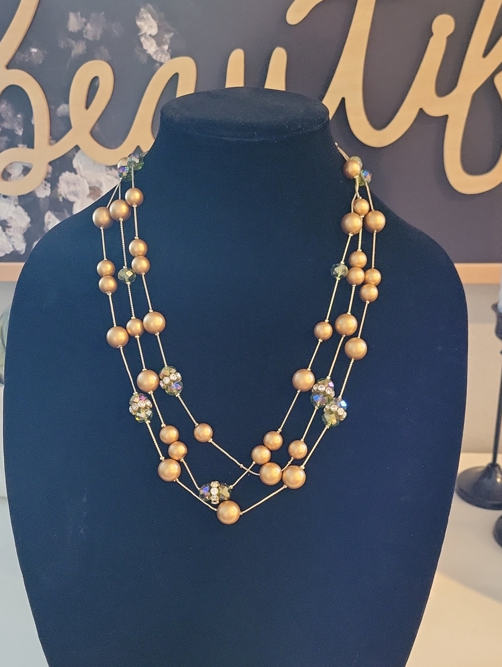 Coldwater Creek Gold-Tone Multi-Strand Beaded Necklace with Crystal Accents